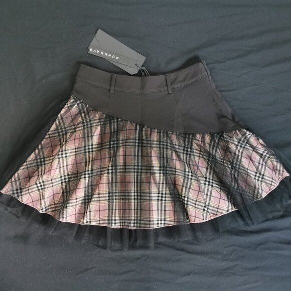 Pink Plaid Black Mesh Gothic Mini Skirt, Punk Rave, XS - Picture 3 of 4